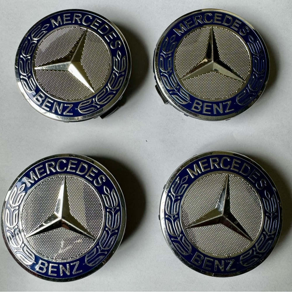 Officially Mercedes Benz Wheel Center Caps Silver and Blue Emblem Set